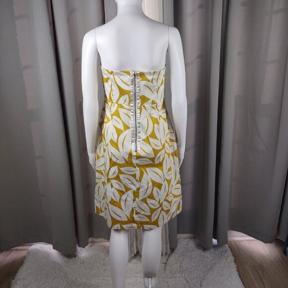 New York & Company Yellow White Leaf Print Cotton Blend Fit & Flare Dress Sz 12 - Picture 4 of 11